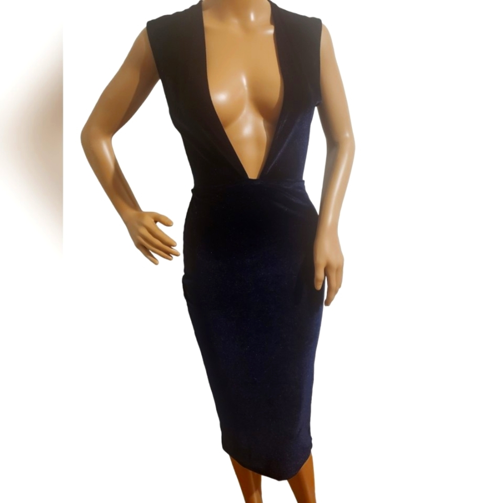 Sexy Deep Plunge Form-Fitting Blue Dress With Peek-a-boo Back